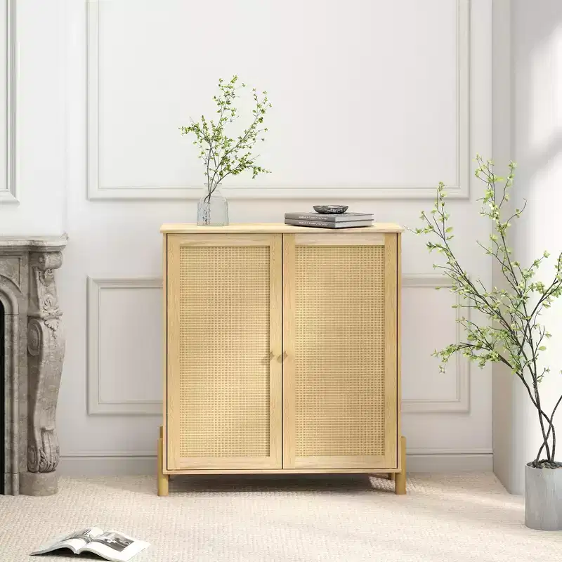Mid-century storage cabinet with rattan doors, adjustable shelves, and solid wood baseversatile organizer for living or dining room.