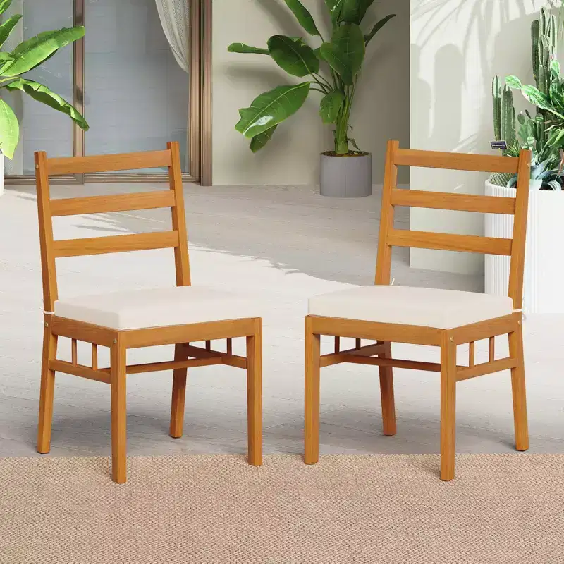 Costway Solid Acacia Wood Patio Chair Set of 2 w/ Padded Seat Cushions
