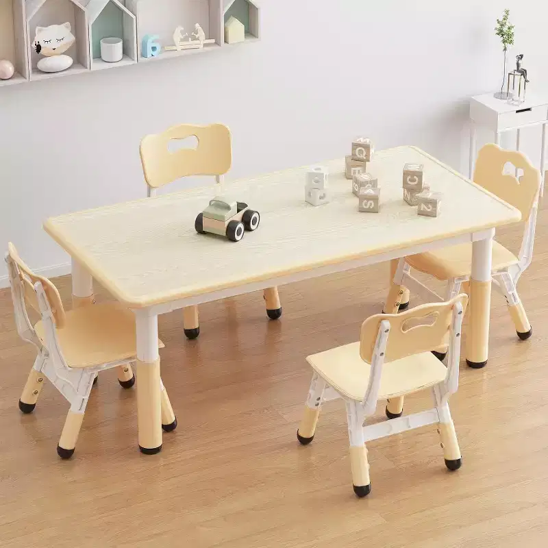 CuisinSmart Kids Table and Chair Set, Height Adjustable Toddler Table and 4 Chairs Set for Ages 2-10, Graffiti Desktop, Non-Slip Legs, Natural