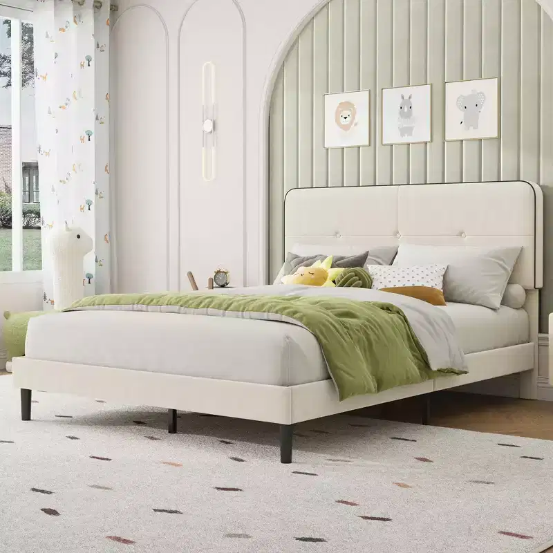 Velvet Upholstered Platform Bed with Adjustable Headboard, Wood Slat & Metal Support, No Box Spring Needed, Quiet & Easy Assembly