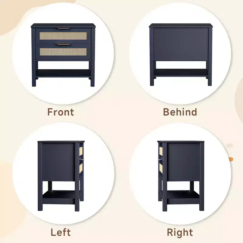 Rattan 2 Drawer Nightstand for Bedroom and Living Room