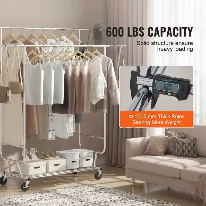 Heavy Duty Clothes Rack 600 lbs, Double Rod with Adjustable Height and Length