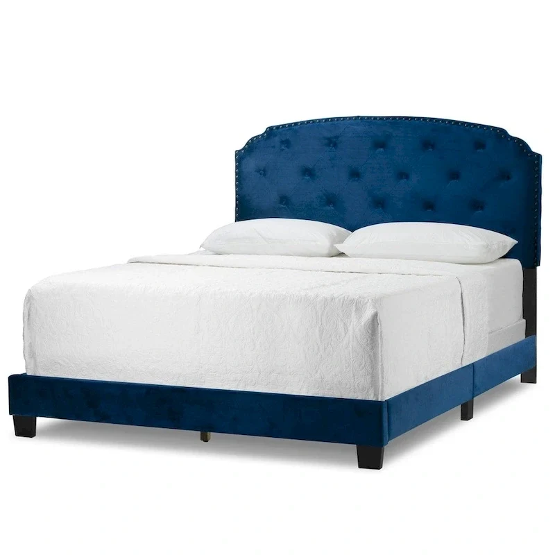 Navy Blue Velvet Queen Bed with Button Tufting and Nailhead Trim