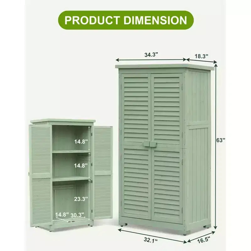 63 Inch Weatherproof Outdoor Storage Shed,with Removable Shelves, Locks,Double Shuttered Doors,Tall Wooden Garden Tool Shed with Floor for Patio,Yard