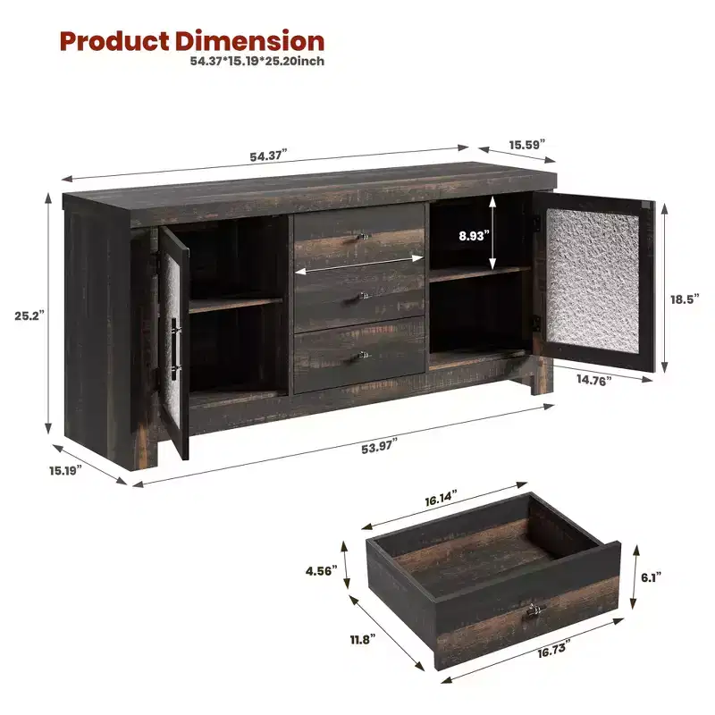 54-Inch Wood Buffet Sideboard with 2 Glass Doors and 3 Drawers