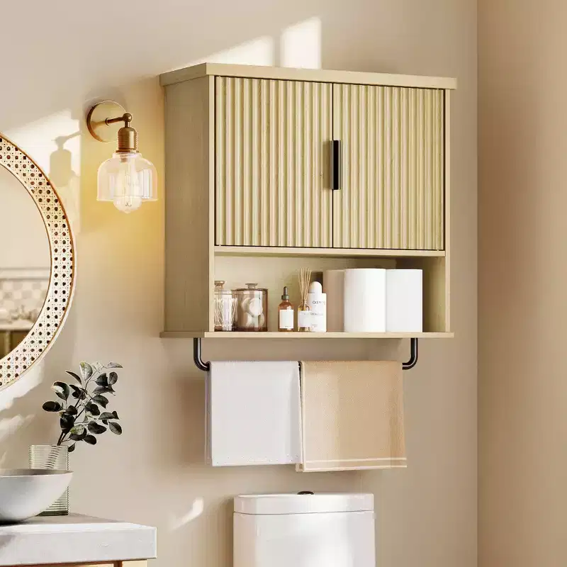 Wall Cabinet with Fluted Doors and Towel Bar, 23.6 x 28.7 Inch, Oak Beige