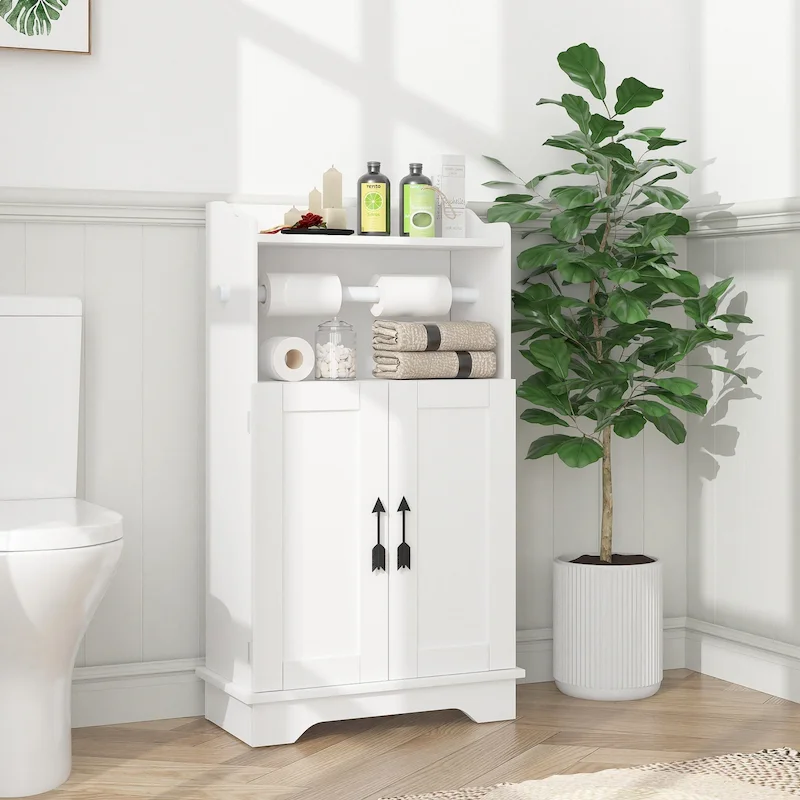 Wooden Bathroom Floor Cabinet with 2 Doors, Toilet Roll Holder & Adjustable Shelf, Freestanding Storage