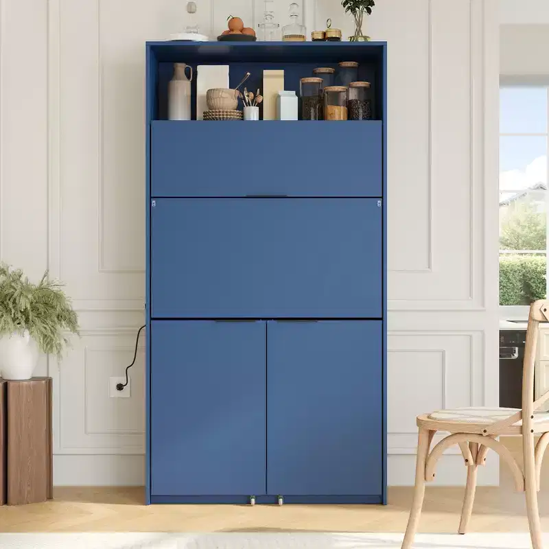 GDFStudio Miguel Versatile Kitchen Pantry with Hutch, Foldable Workstation and Power Outlet