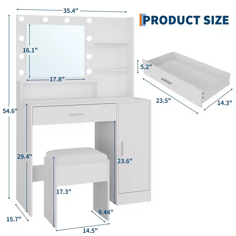 Makeup Vanity Set with LED Mirror, 3 Lighting Modes, Charging Station, Hairdryer Holder and Padded Stool for Bedroom