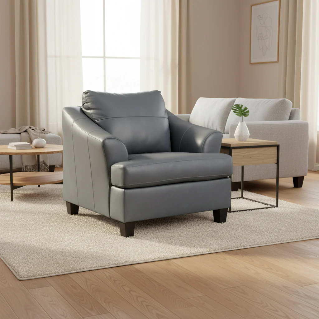 Metallic Gray Leather Accent Chair, Oversized Back Cushion, Single Seat