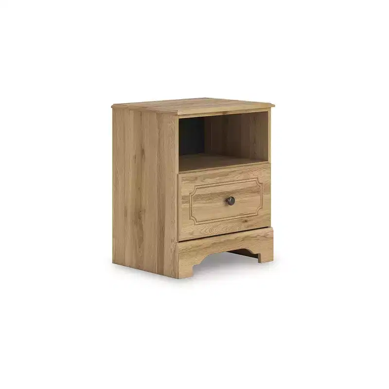 One Drawer Nightstand - Warm Brown Oak Grain Finish, USB-A & USB-C Charging, Open Shelf Storage