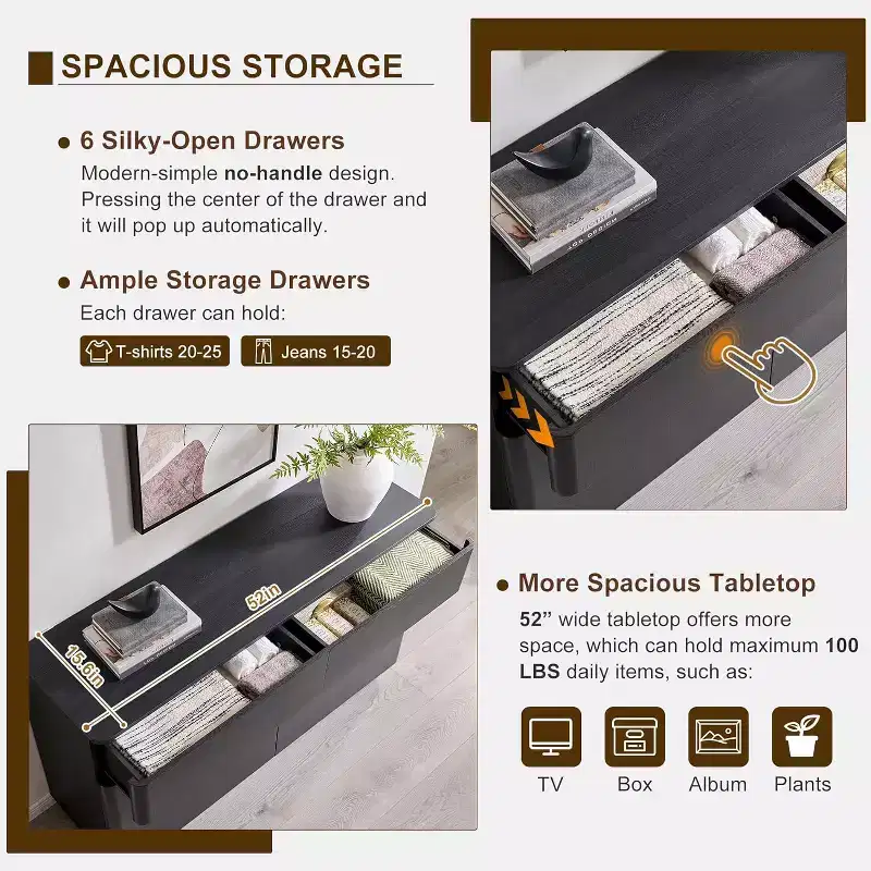 6 Drawer Dresser, Modern Wooden Chest of Drawers Chest of Drawers with Curved Profile Design, Storage Organizer Dresser for Living Room