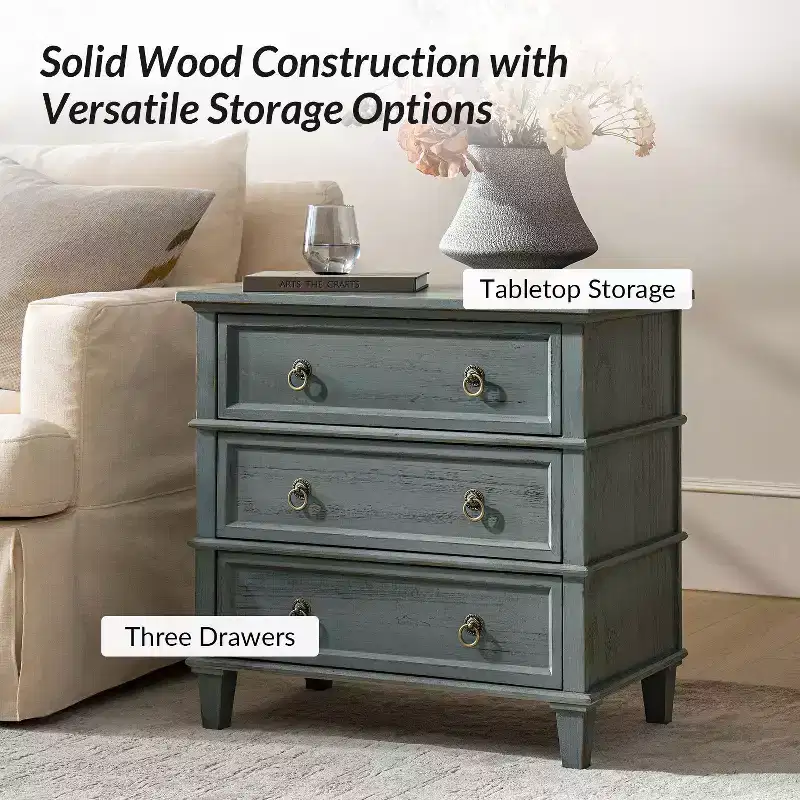 Helena 28W 3-Drawer Solid Wood End Table with Built-in Charging Station|HULALA HOME