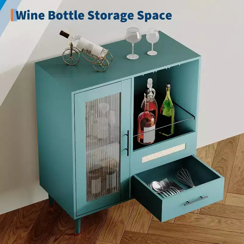Green Cabinet with Glass Rack & Storage, 30.7 Modern Buffet Sideboard and Cabinet for Kitchen, Dining Room, Living Room