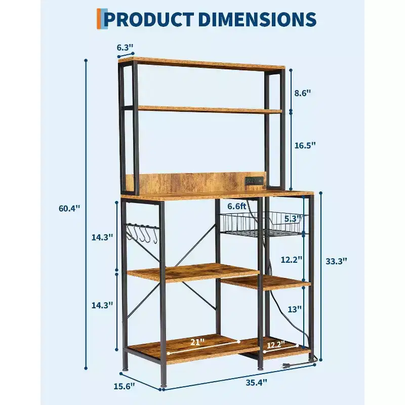 4-Tier Kitchen Bakers Rack & Microwave Stand with Storage. Coffee Bar Station & Spice Utility Shelf Rack with 5 S-Hooks