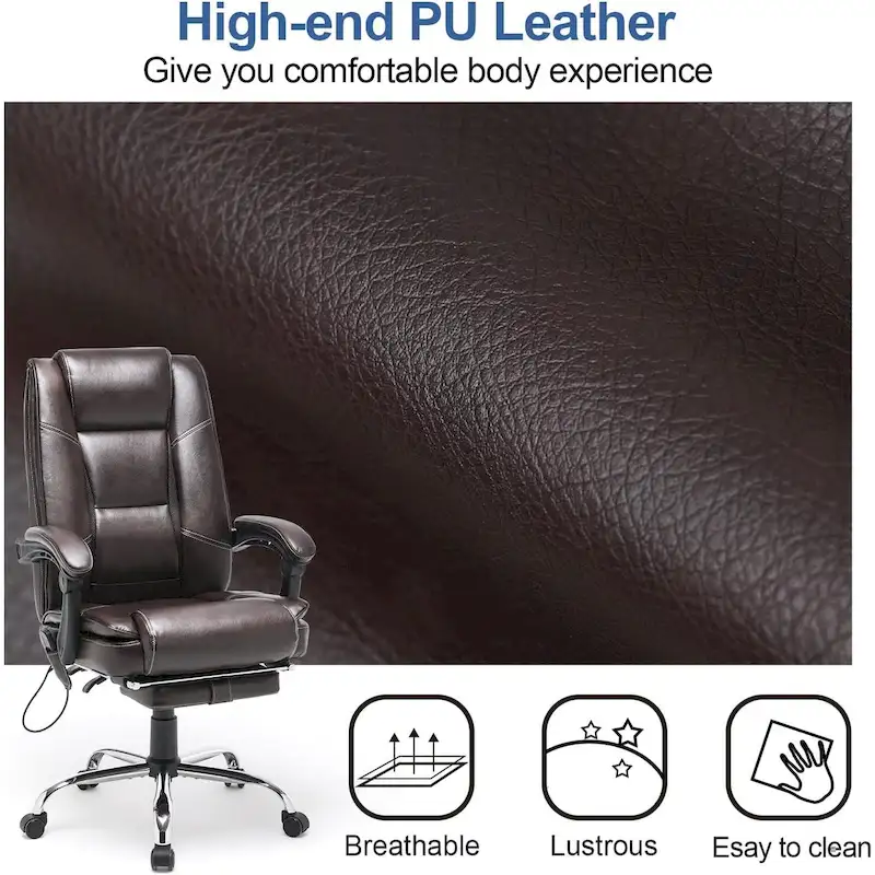 Ergonomic Heated Executive Office Chair, 2/4/6-Point Massage, Retractable Footrest, PU Leather
