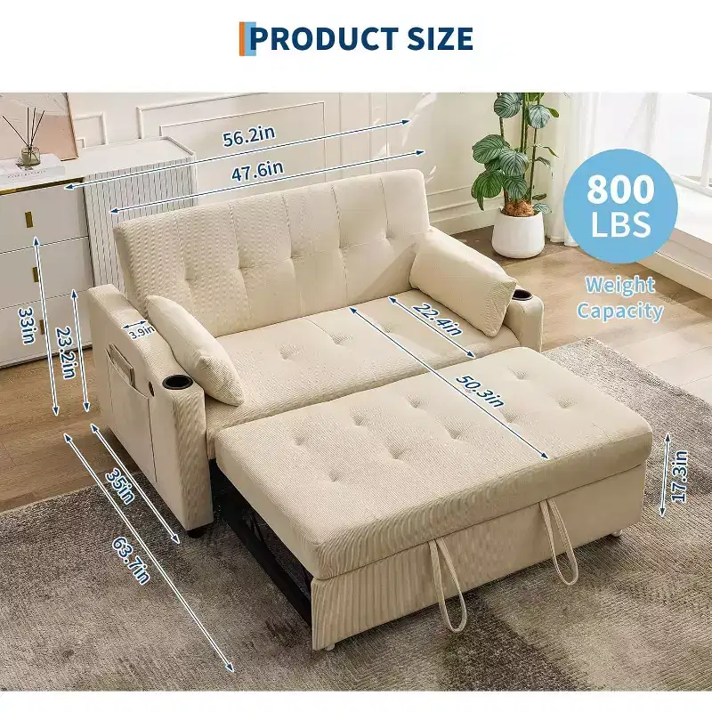 Convertible Sleeper Sofa Bed, Corduroy Futon Couches with Pull-Out Bed, Adjustable Backrest, Charging Port & Side Pockets, Modern Upholstered Sofa
