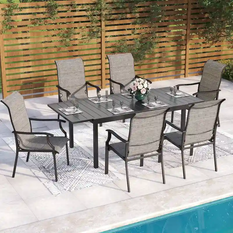 MAISON ARTS 7-Piece / 9-Piece Padded Textilene Chairs with Wave Arms & Expandable Metal Table Patio Dining Set