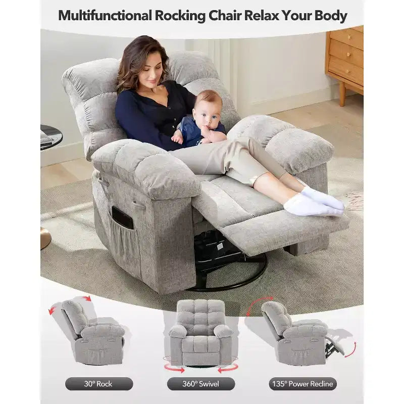 Rocking Recliner Chair, 360 Swivel Rocker, Lazy Boy Recliner Single Sofa, Extra Wide Manual Recliners, Chenille Upholstery Overstuffed Soft
