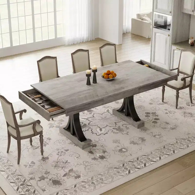 Dining Table for 6-8 with 2 Drawers, Wooden Kitchen Table with Double Pedestal & Large Tabletop,8 Ft Large Rectangular Dinner Table with Sturdy Frame