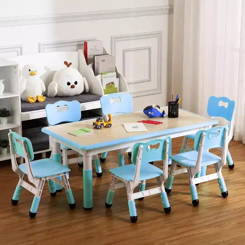 Kids Table and Chair Set,Height Adjustable Toddler Arts&Crafts Table and 6 Chair Set for 2-10,Max 300lbs Kids Activity Art Table for Classroom,Home