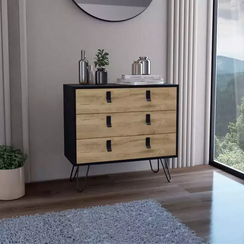 Okak Modern Design 3-Drawer Bedroom Dressers with Metal Hairpin Legs, Wooden Storage Cabinet,Chest of Drawers for Bedroom,Entryway