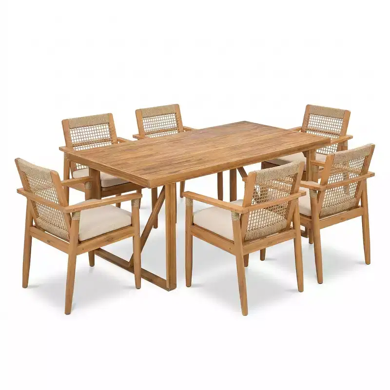 Christopher Knight Home Bryan Modern 7 Piece Patio Acacia Dining Set with Slatted Table and Rope Design