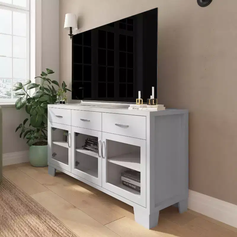 Merrick Lane Three-Drawer Engineered Wood Buffet Sideboard Cabinet with Three Tempered Glass Cabinet Doors for Dining Room/Kitchen