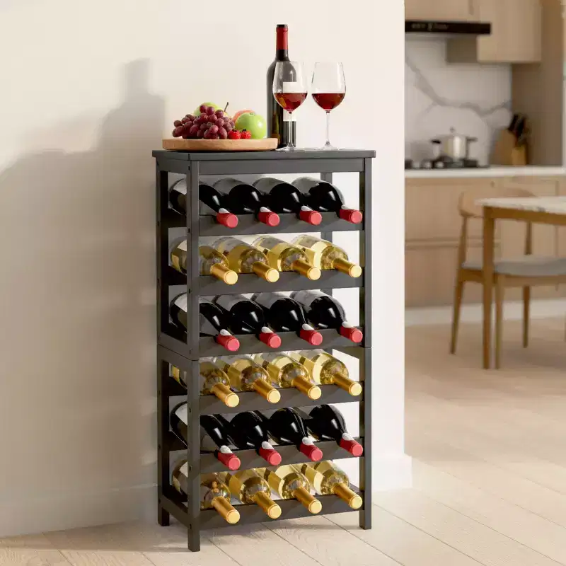24-Bottle Detachable 6-Tier Bamboo Wine Rack, Freestanding Floor Display, Black