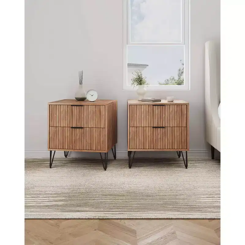 Manhattan Comfort Set of 2 Dumbo 2 Drawer Nightstands Golden Brown: Modern MDF Storage Furniture with Metal Glides