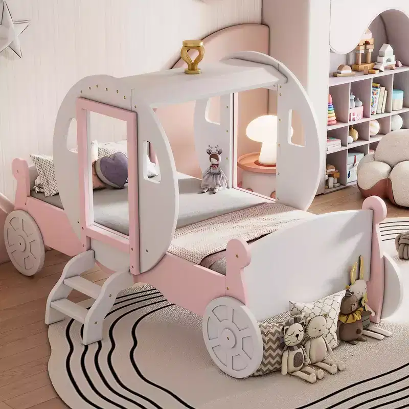 MAYEERTY Twin Size Princess Carriage Bed with Crown Wood Platform Car Bed with Stair for Bedroom White Pink