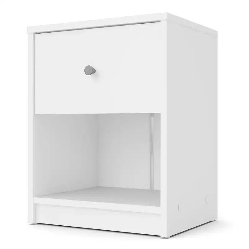 1-Drawer Nightstand with Open Shelf, White, Compact Danish Design, 19