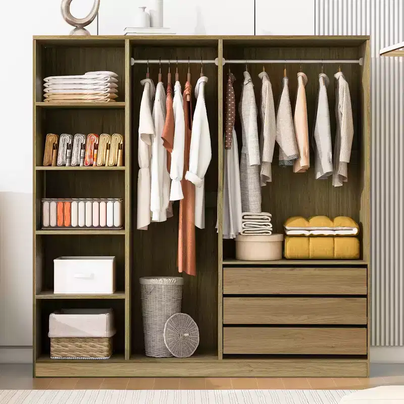 Doorless Wooden Storage Wardrobe with Shelves and 3 Drawers - Natural