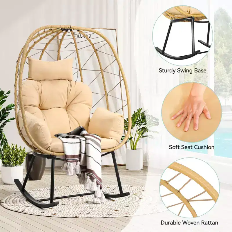 Rocking Egg Chair Wicker Patio Chair Resilient Egg Lounger Chair with Cushioned