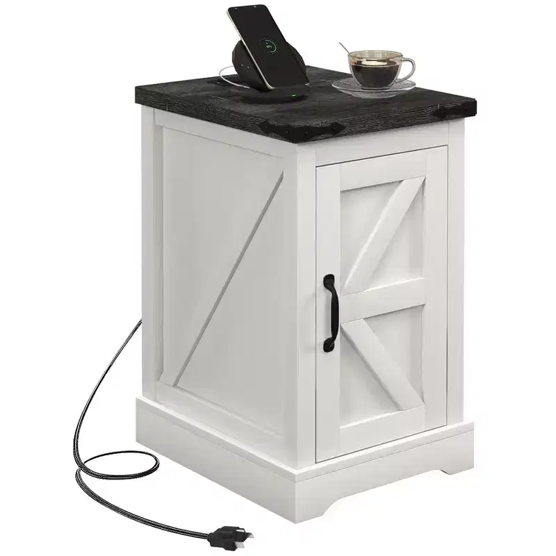 HOMCOM End Table with Charging Station and USB Ports, Farmhouse Side Table with Storage Cabinet for Living Room, Distressed White