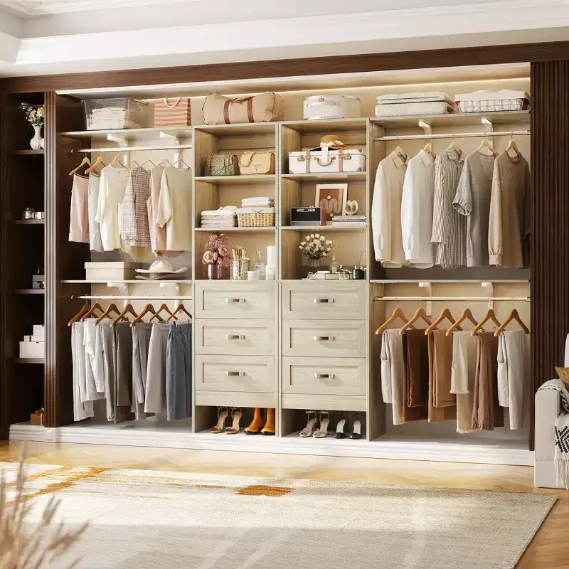 Set of 2 Closet System Organizer with Shelves and 6 Hanging Rods, 116-192 Walk-In Closet System with Drawers