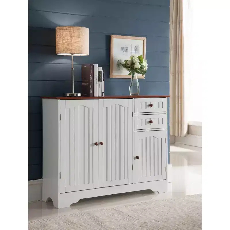 3-Door Kitchen Storage Buffet Cabinet White Walnut Wood 4 Shelves 2 Drawers