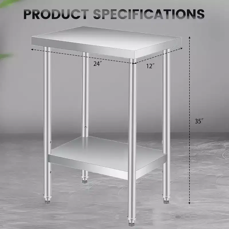 Silver Stainless Steel 2-Tier Work Table – Fixed Legs / Lockable Wheels, 1-2 Person