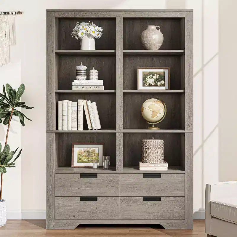 72 in Tall Double-Wide Bookcase with 8 Shelves and 4 Drawers, Farmhouse Storage, 47.2 W x 11.8 D