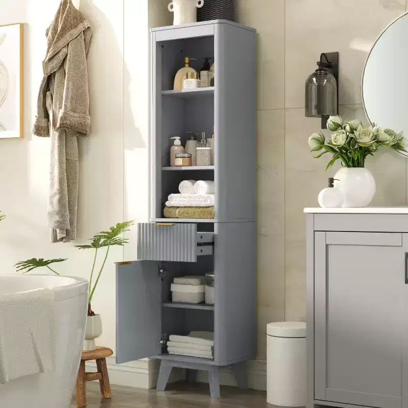 Tall Bathroom Storage Cabinet with Drawer & Door, Fluted Wood, Adjustable Shelves, 68