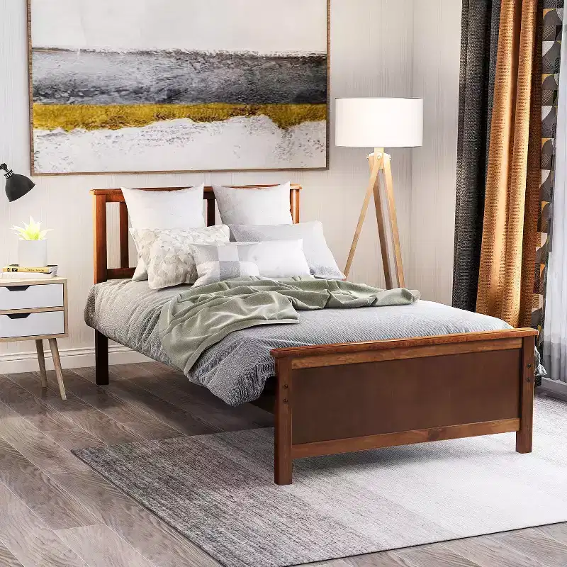 Twin Size Wood Platform Bed with Headboard Footboard and Wood Slat Support White