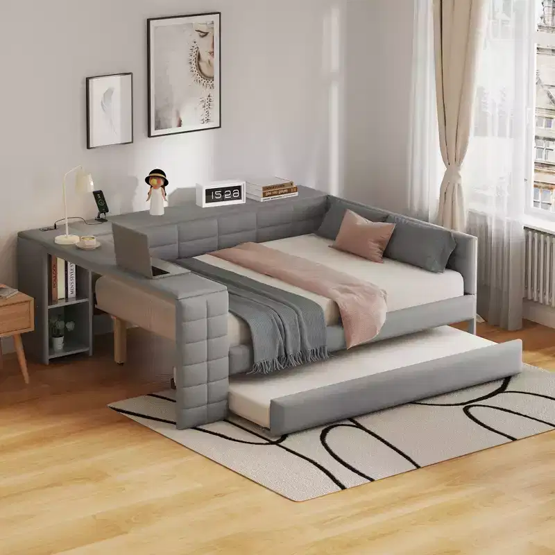 Full Size Upholstered Daybed with Trundle, Storage Shelves & Charging Station