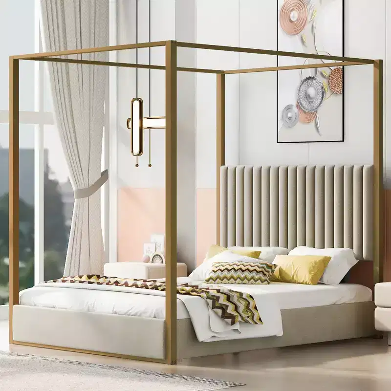 Queen/King Size Upholstered Canopy Platform Bed with Headboard and Metal Frame -