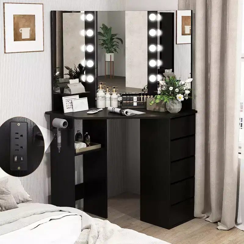 Corner Vanity Desk Cosmetic Vanity Station with LED Mirror,& Power Outlets Black/White