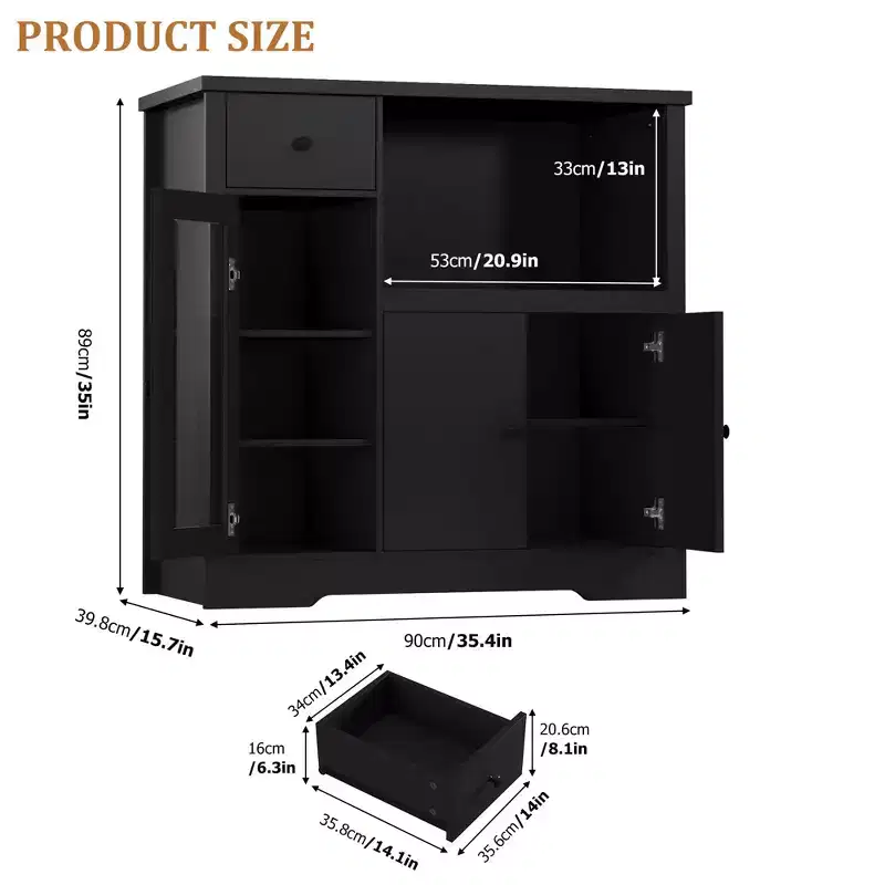 Kitchen Microwave Cabinets with Storage, Buffet Cabinet Sideboard with 3 Doors, 1 Drawer and Adjustable Shelves, Pantry Storage Cabinet for Room