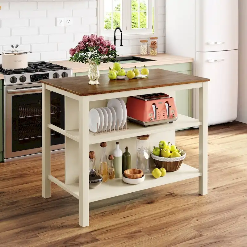 Solid Wood 45 Stationary Kitchen Island with Prep Table and Shelves