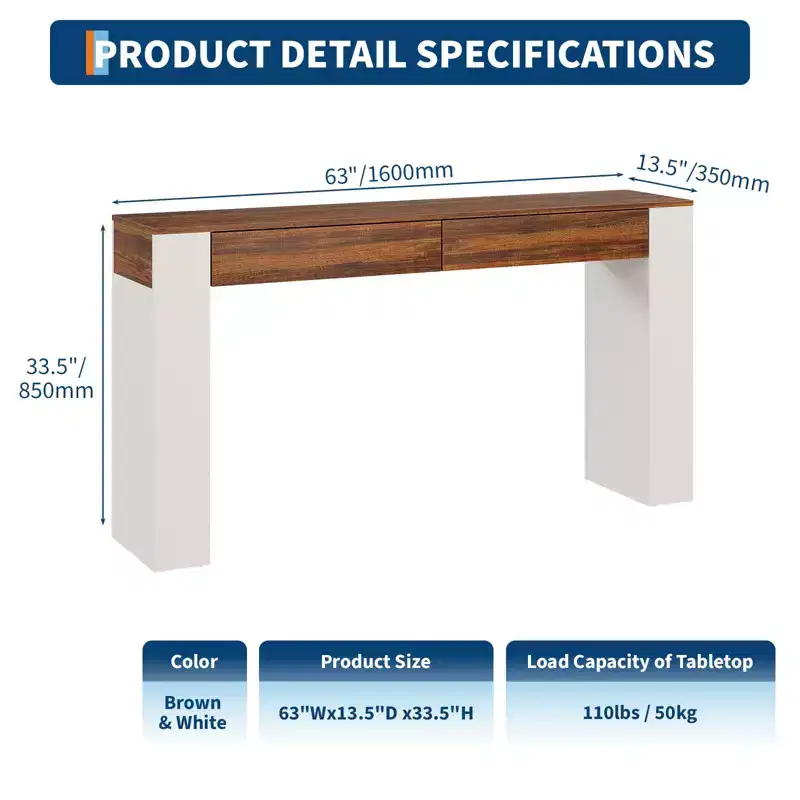 63 Entryway Console Table, Wooden Narrow Long Sofa Table with 2 Drawers, Accent Behind Couch Table, Entry Foyer Table for Living Room, Hallway