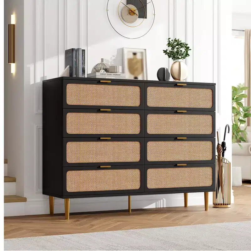 Rattan 8 Drawer Dresser for Bedroom, 47W Wooden Chest of Drawers with Metal Handles, Wooden Dresser TV Stand, Clothes Storage Organizer for Bedroom