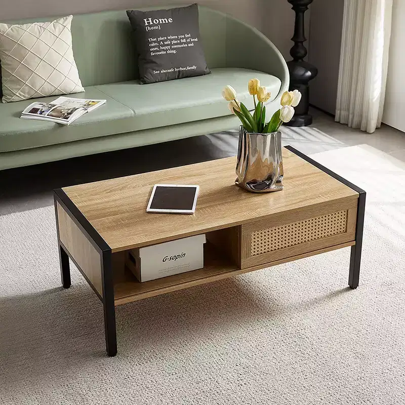 Rattan Coffee Table With Sliding Door Storage Metal Legs Boho Coffee Tables For Living Room 40.16 x 21.26 x 16.54 Inch