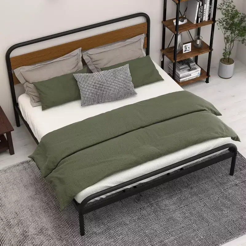 Bed Frame, Platform Bed Frame with Wooden Headboard, Metal Bed Mattress Foundation with Storage, No Box Spring Needed, Easy Assembly
